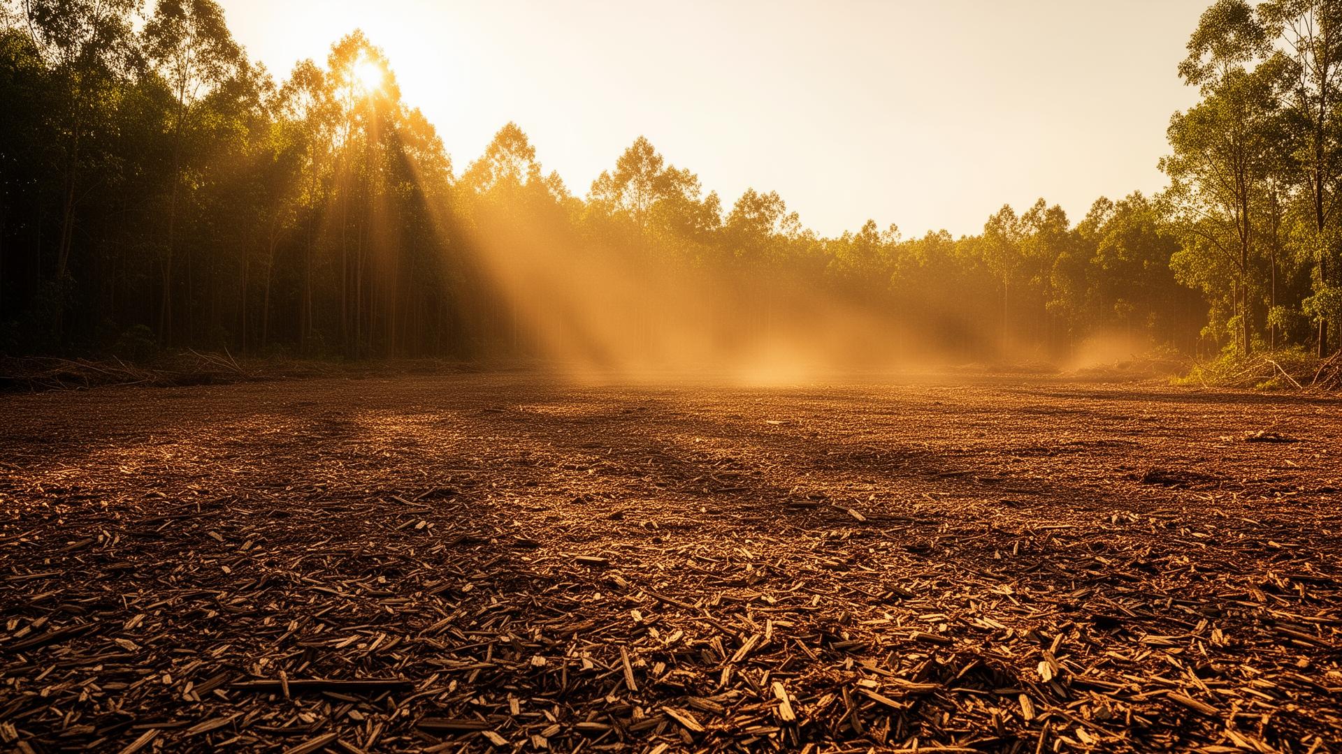 Freshly mulched and cleared open land at golden hour after BrushLine Co. service